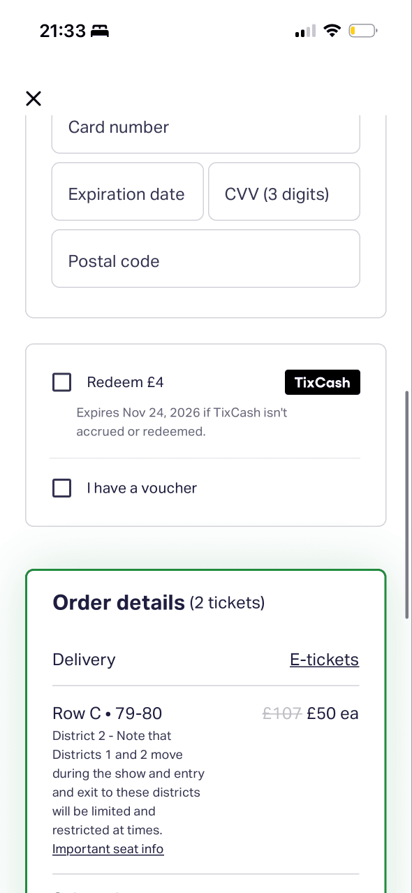 TodayTix: Checkout details