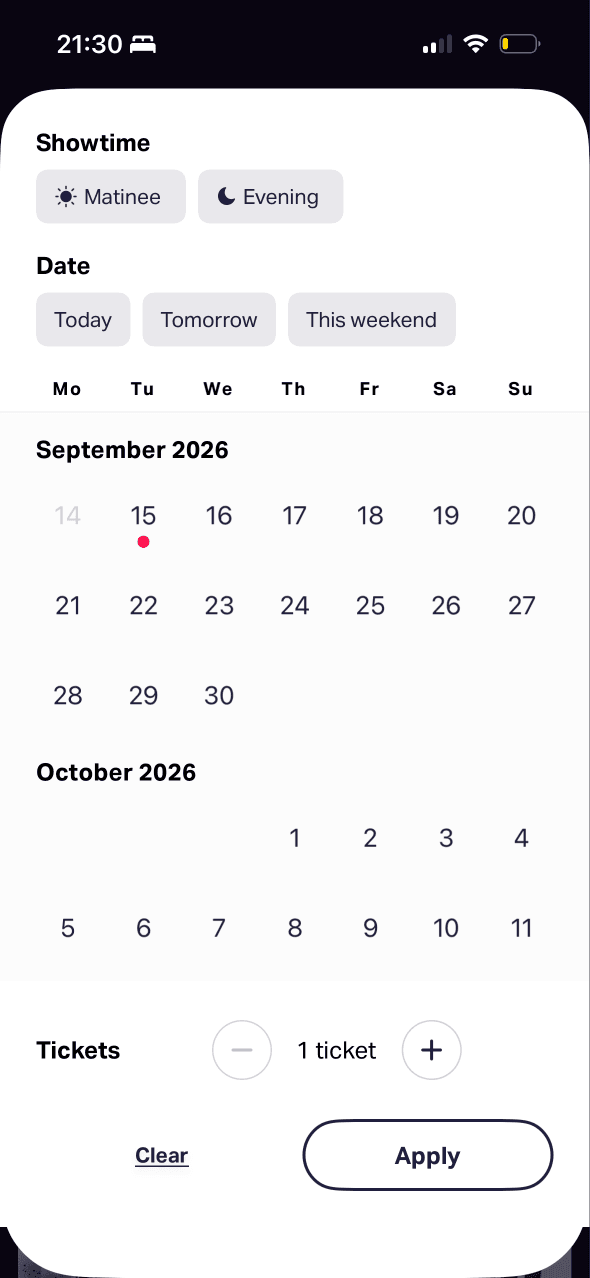 TodayTix: Date and ticket filters