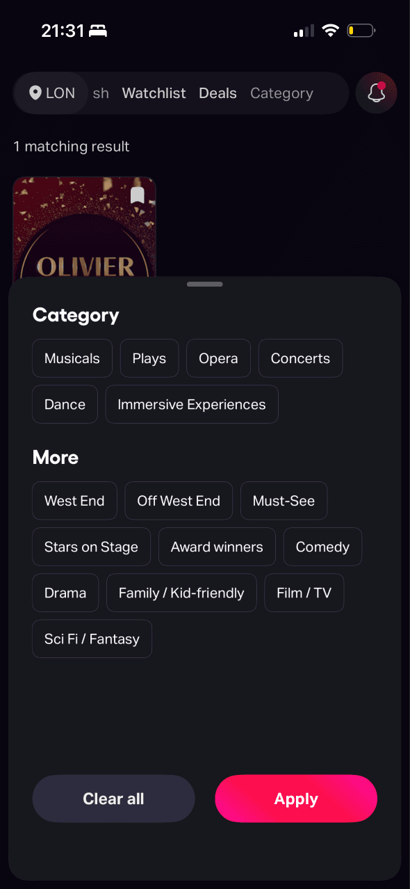 TodayTix: Category filters