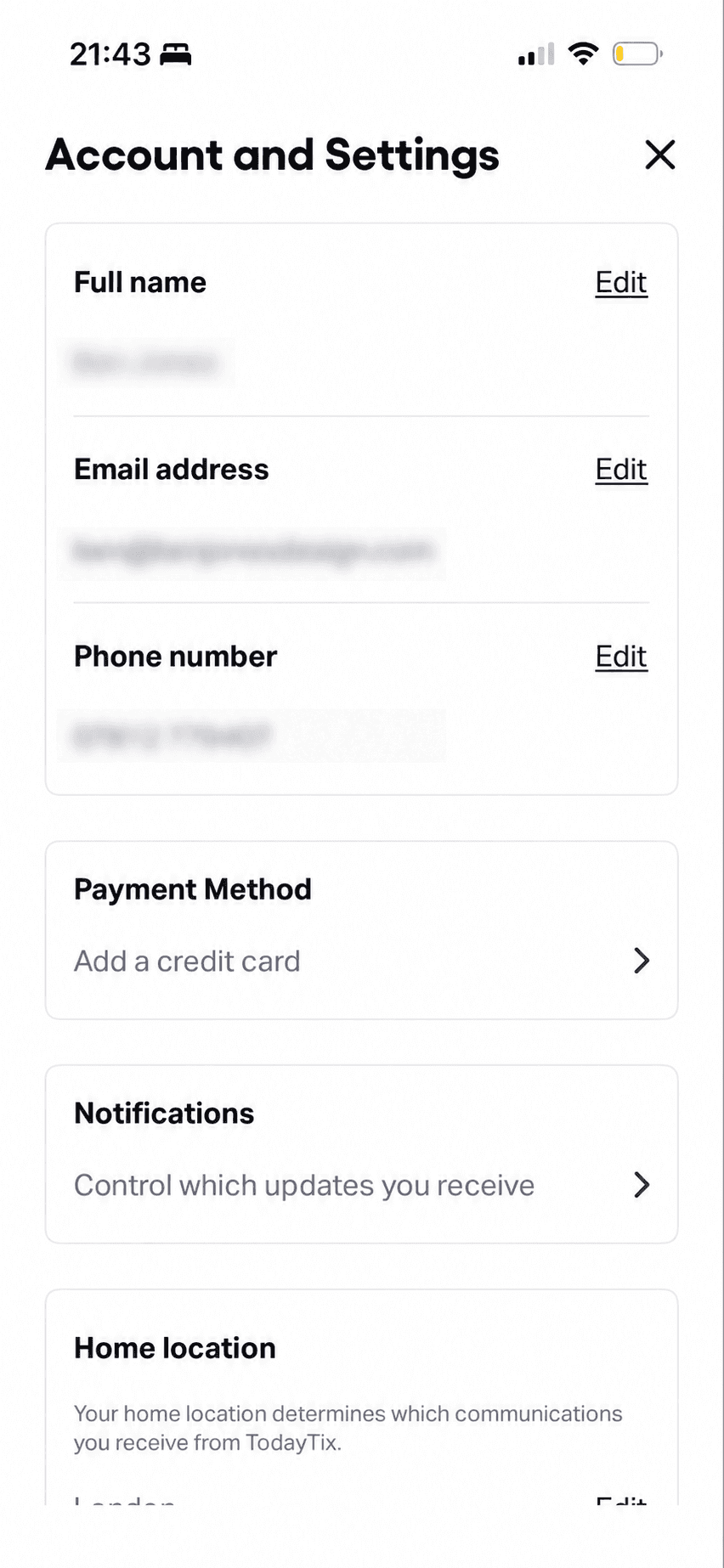 TodayTix: Account settings