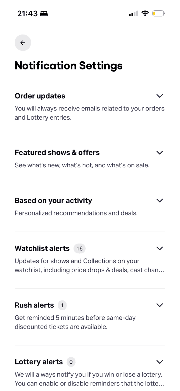 TodayTix: Notification settings
