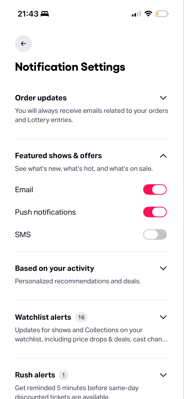 TodayTix: Notification channels