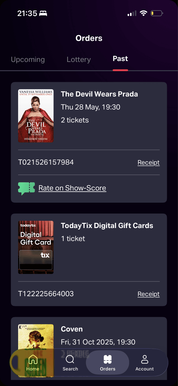 TodayTix: Past orders