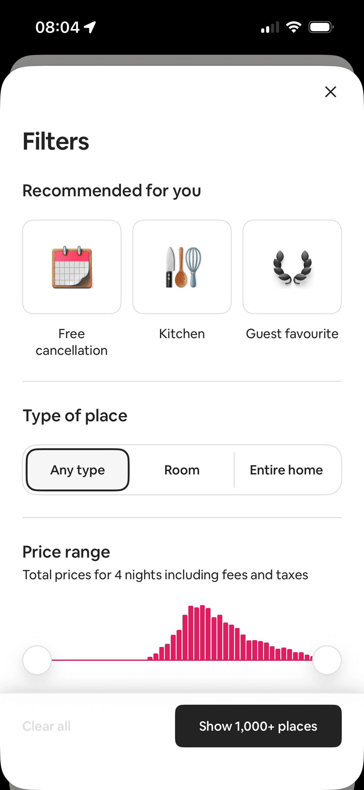 Airbnb: Homes filters – top view