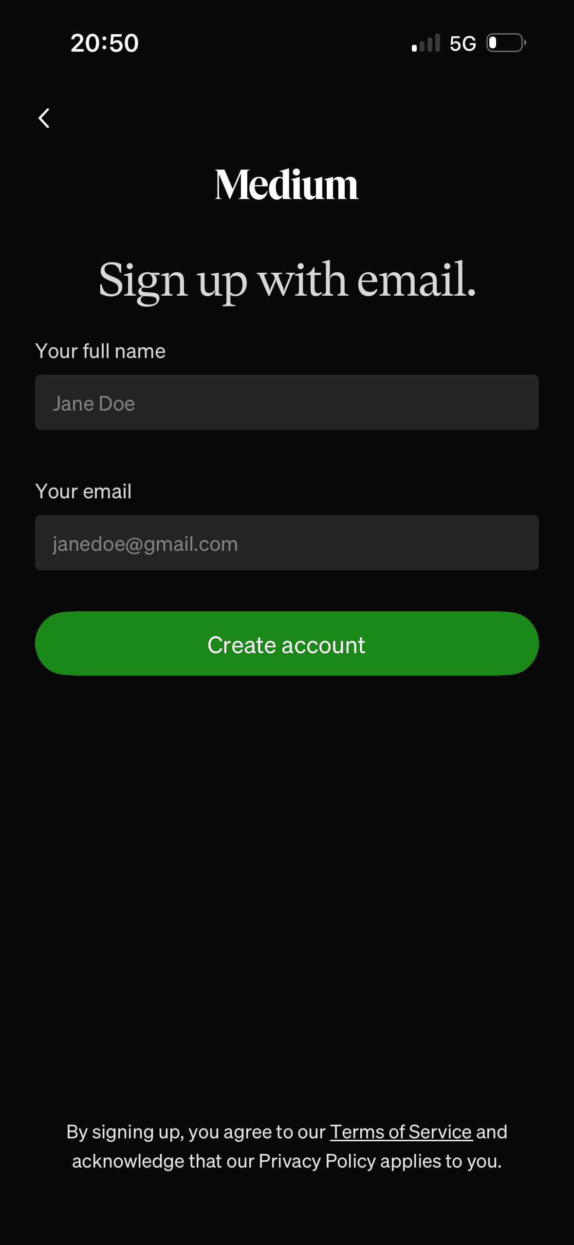Medium: Account creation – email