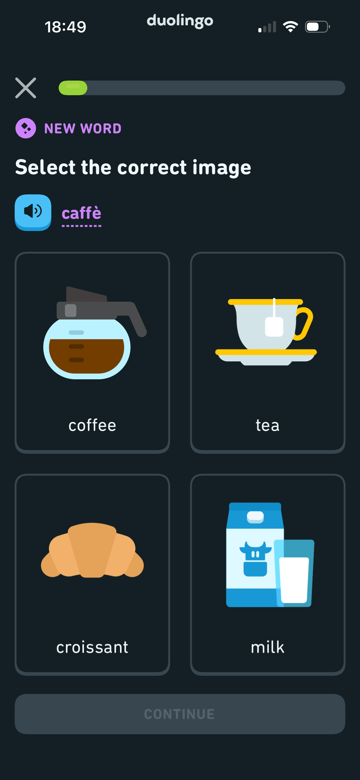 Duolingo: First lesson: match a spoken word to an image