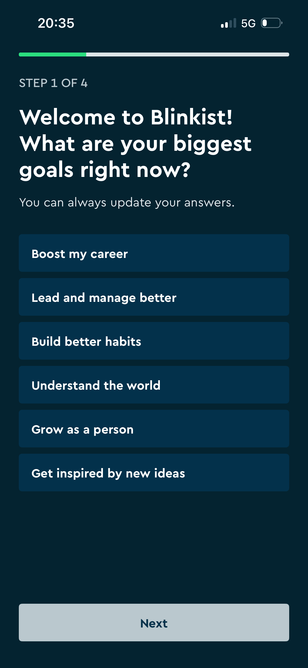 Blinkist: Choose current goals