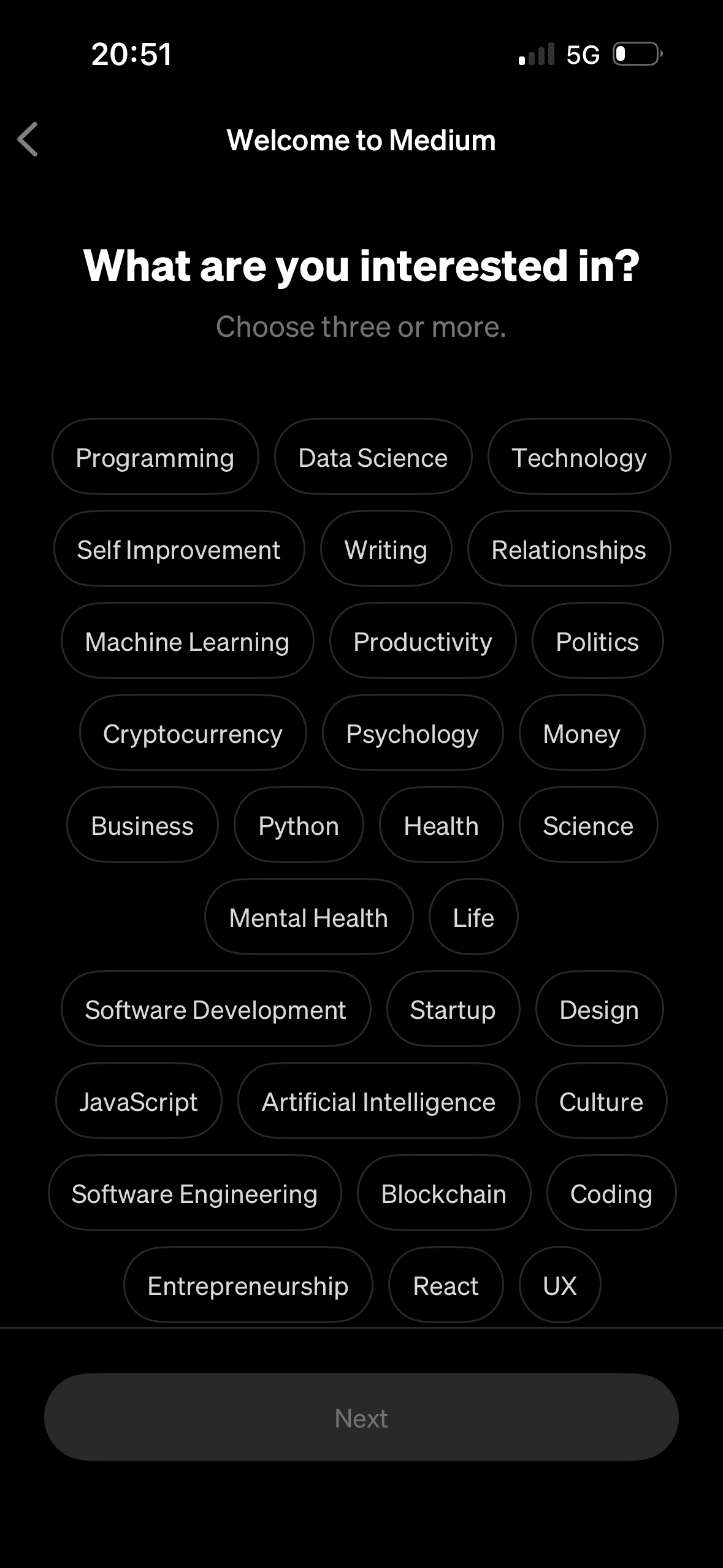 Medium: Account creation – topics selection