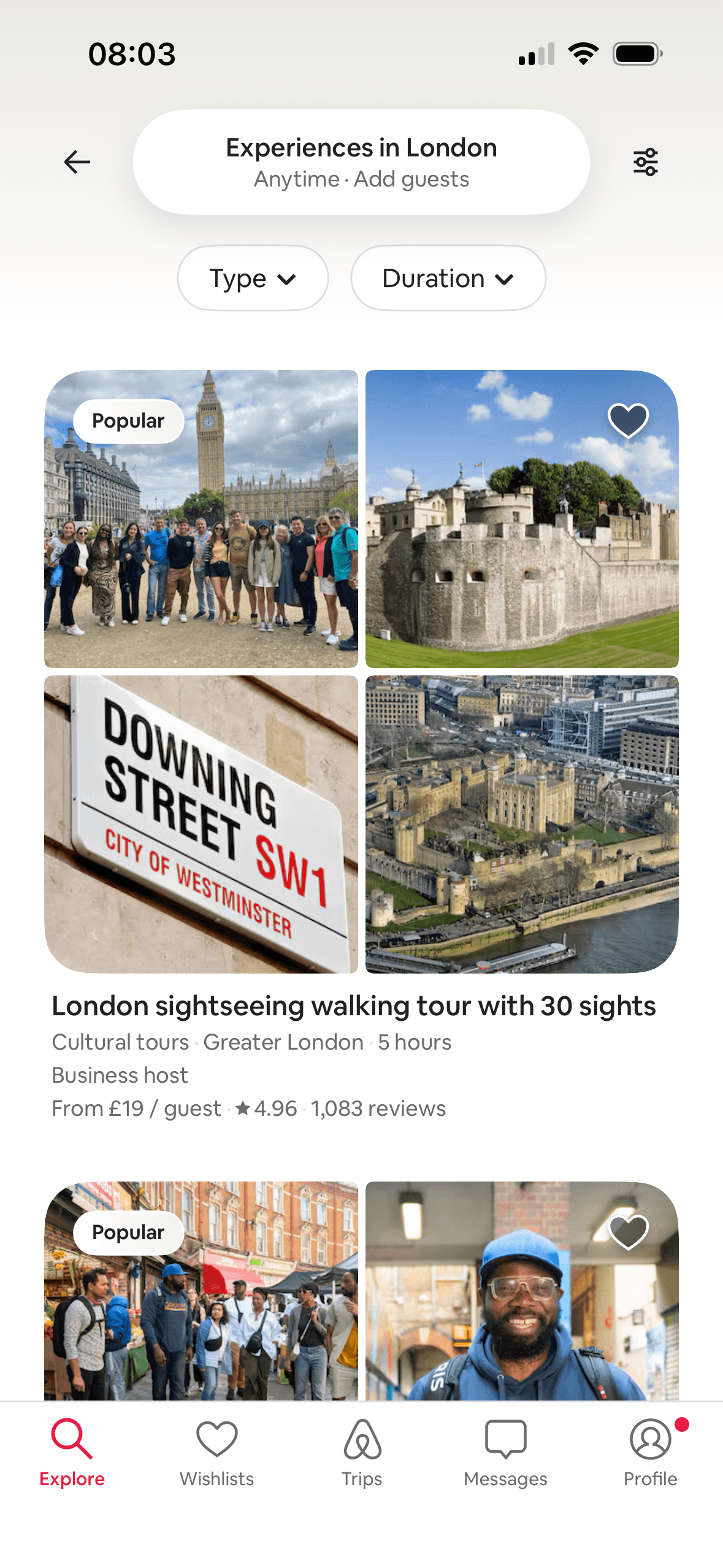 Airbnb: Experiences list view – London