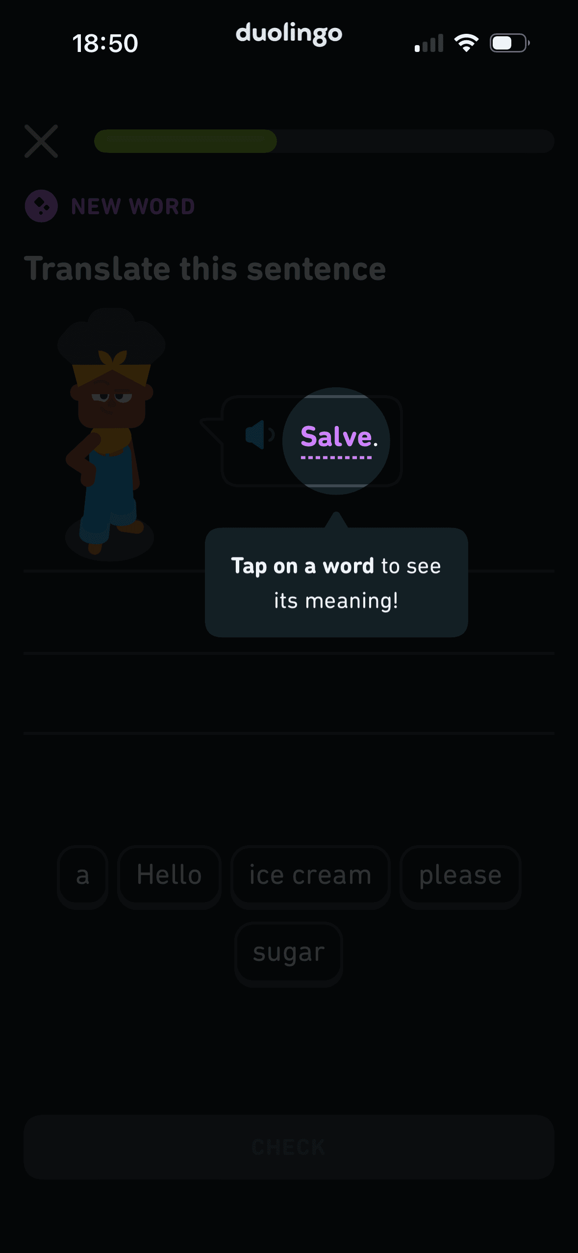Duolingo: Lesson tip: tap a word for its meaning