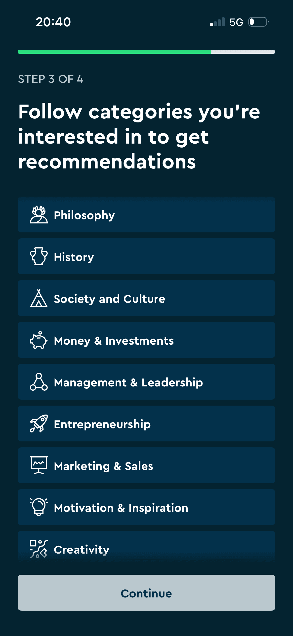 Blinkist: Choose content categories