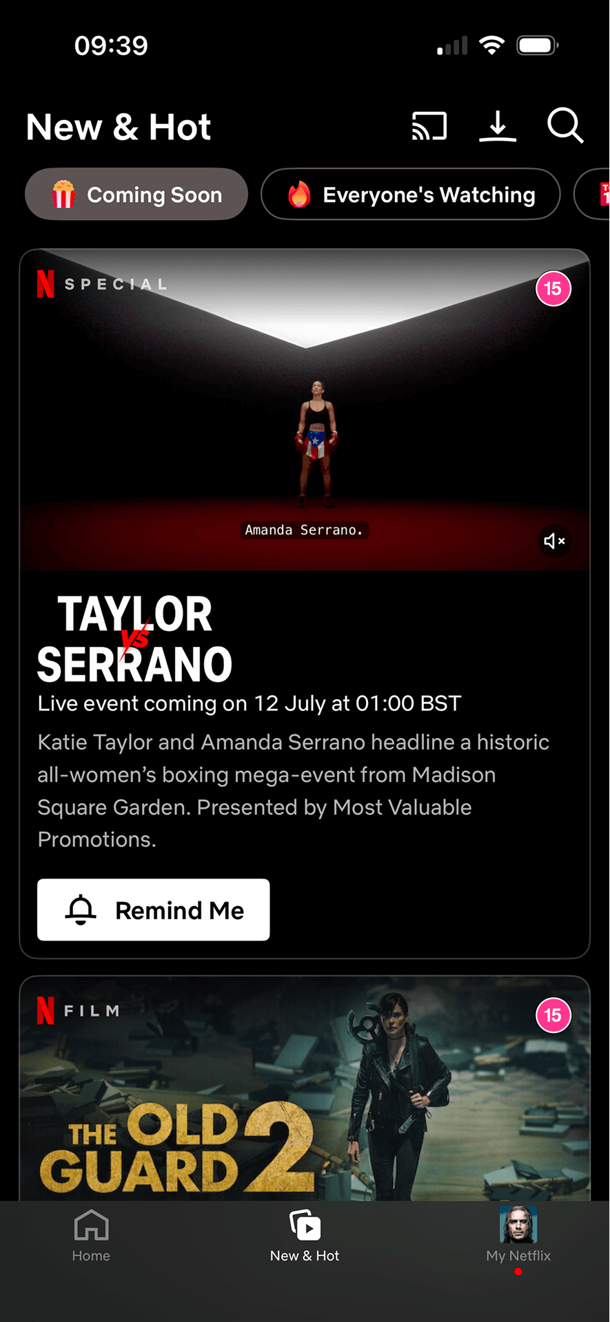 Netflix: New & Hot tab with featured and upcoming content