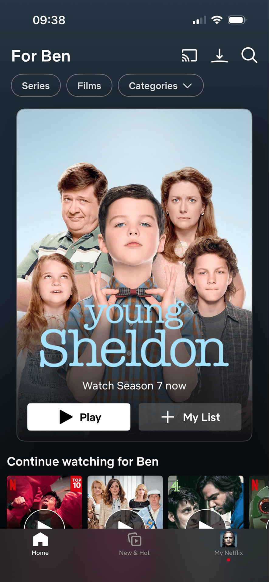 Netflix: Featured content and filter tabs
