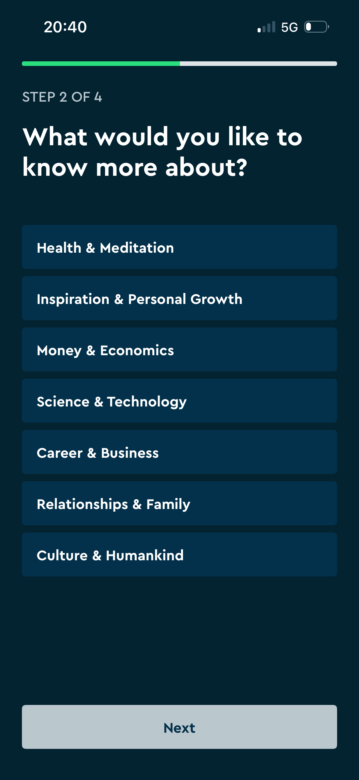 Blinkist: Choose topics for recommendations