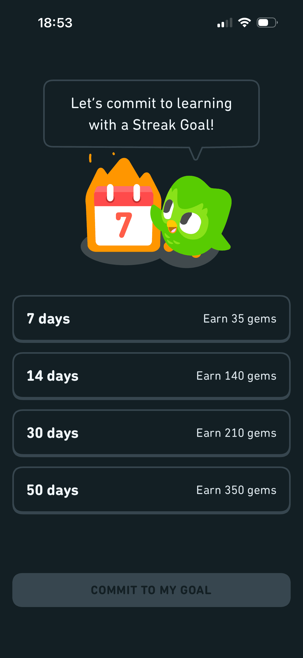 Duolingo: Choose an optional streak goal