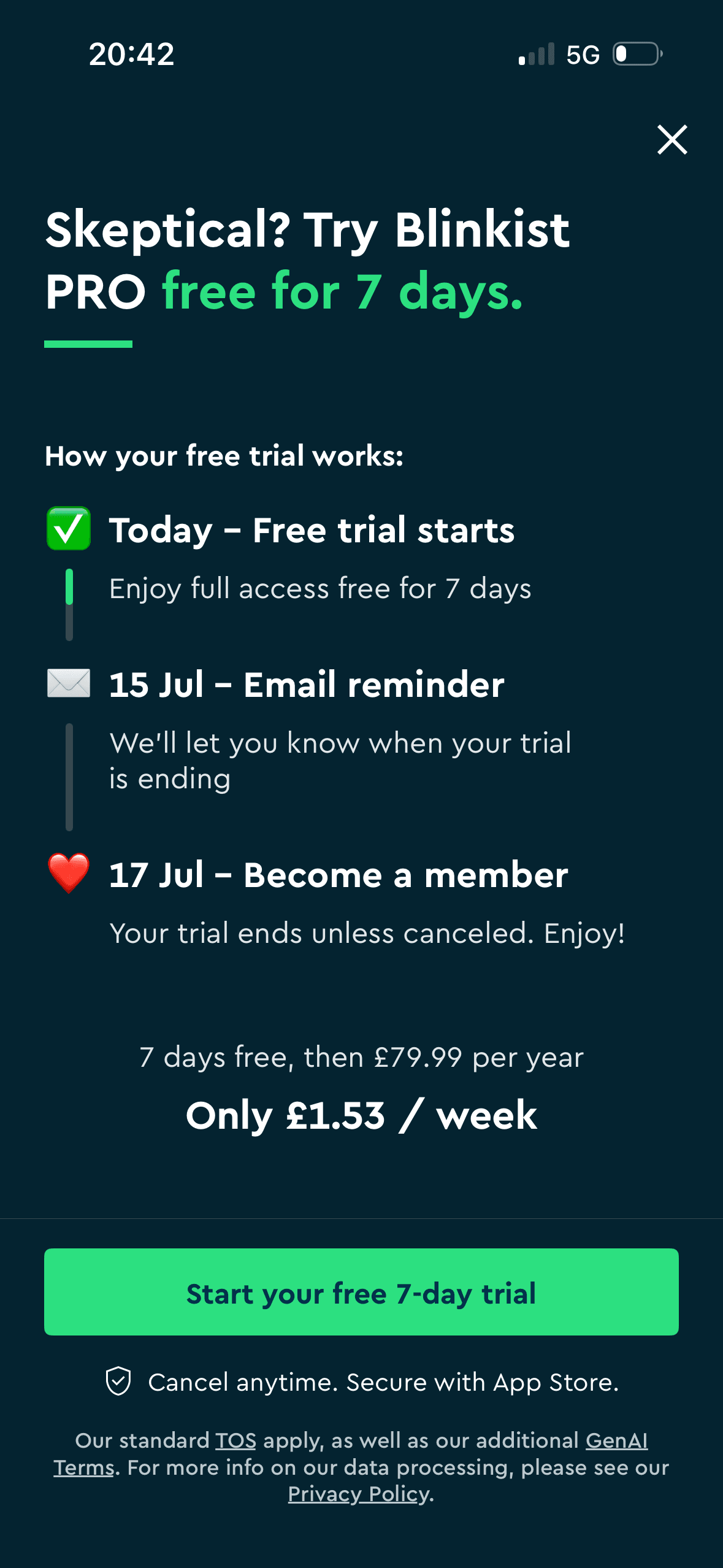 Blinkist: Seven-day Pro trial and annual renewal