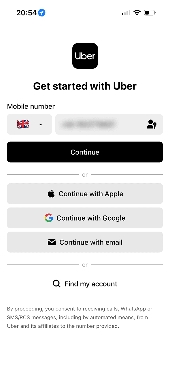 Uber: Sign up screen