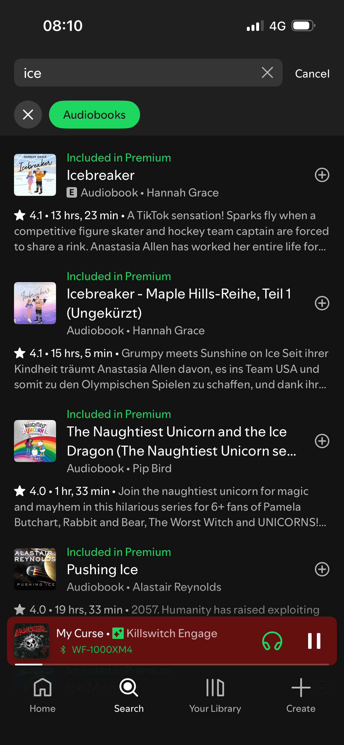 Spotify: Search results (filter: audiobooks & podcasts)