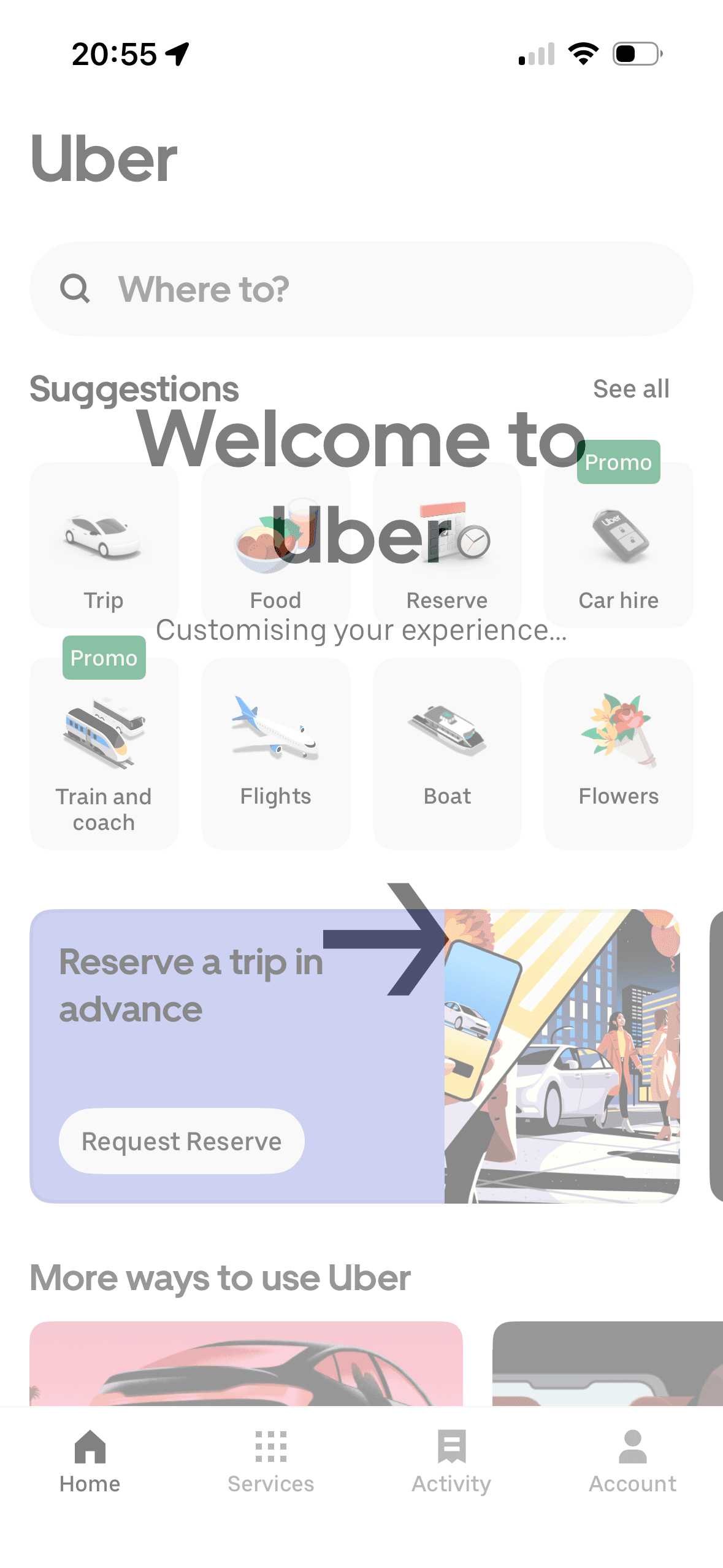 Uber: Welcome screen