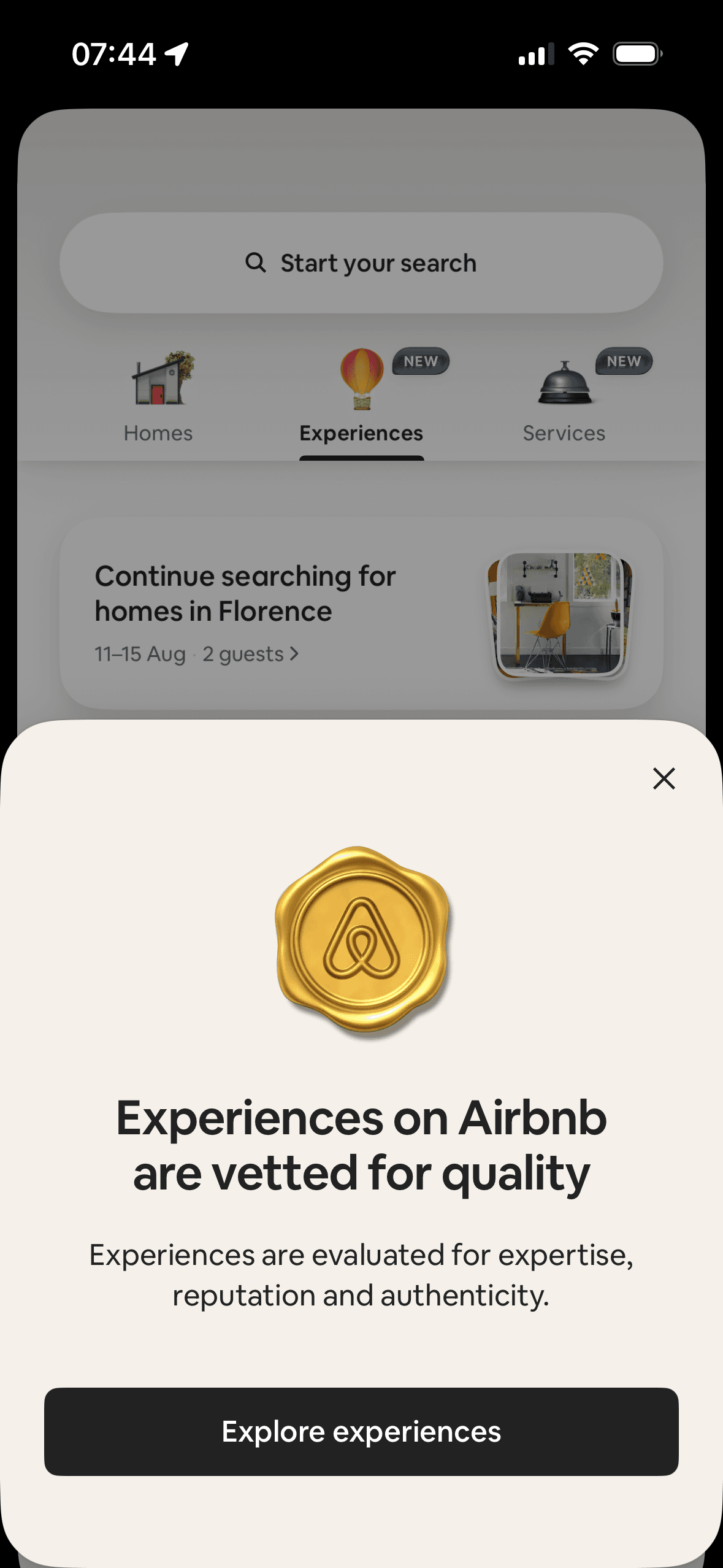 Airbnb: Experiences intro modal
