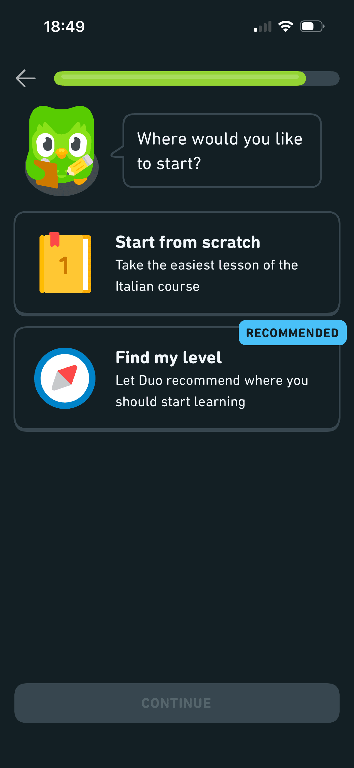 Duolingo: Choose a starting level