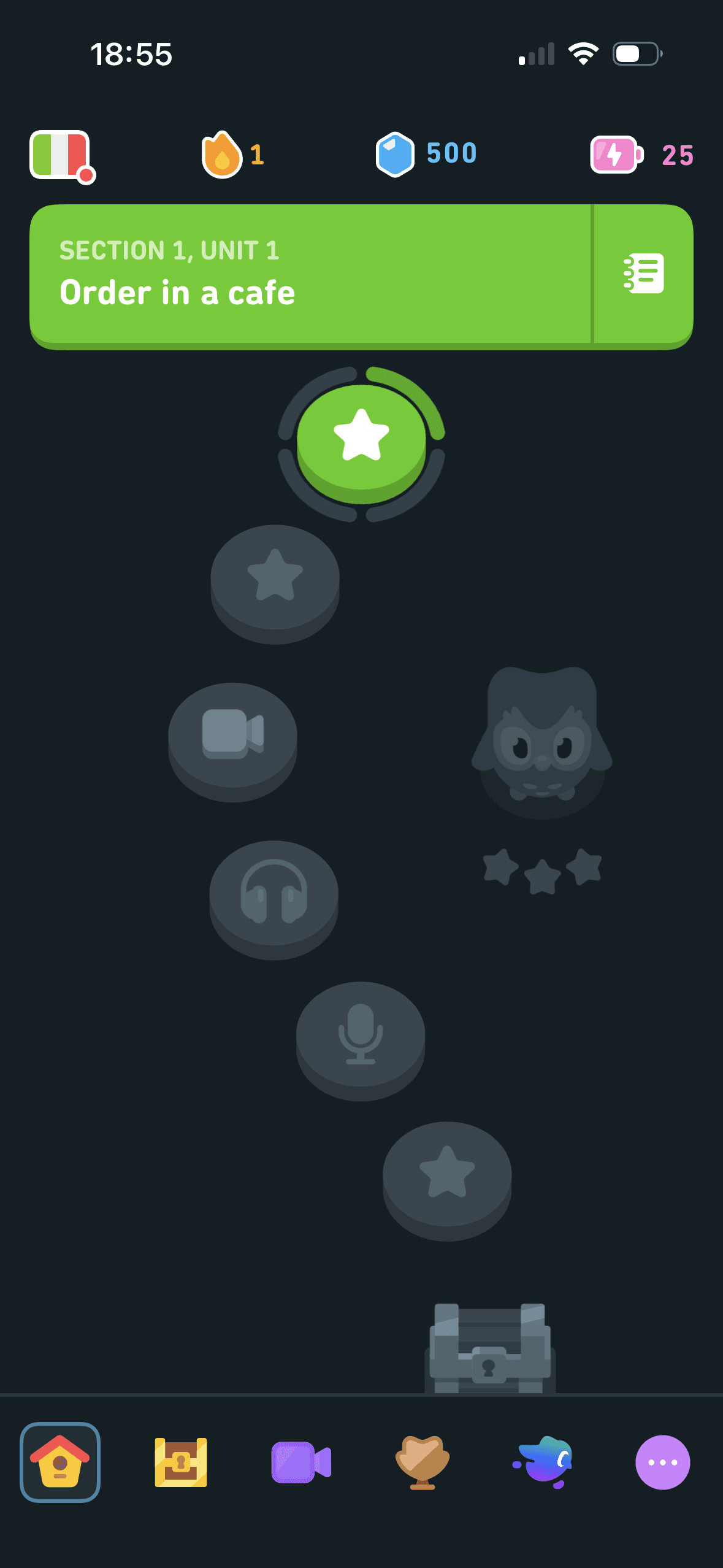 Duolingo: Course map with current lesson and account balances