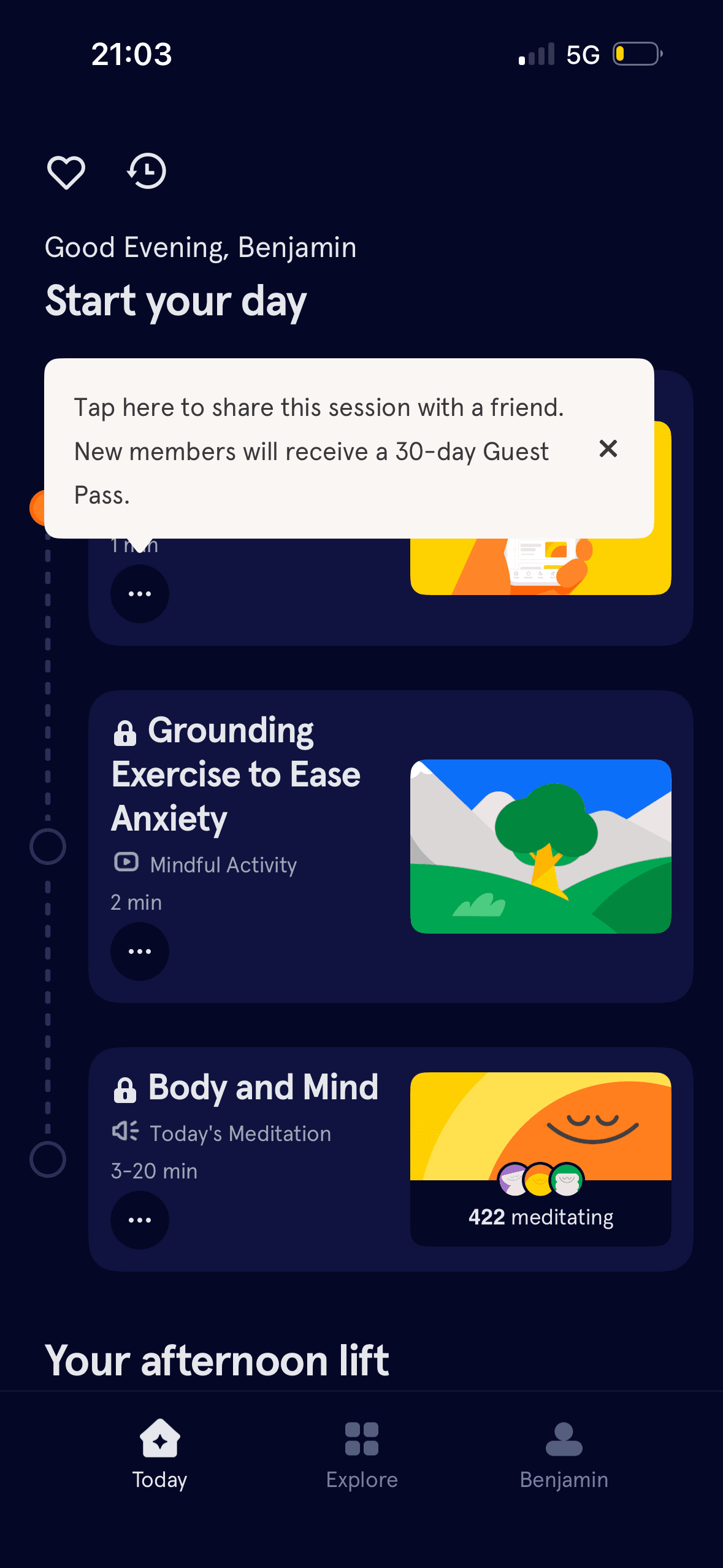 Headspace: Home feed with sharing tooltip