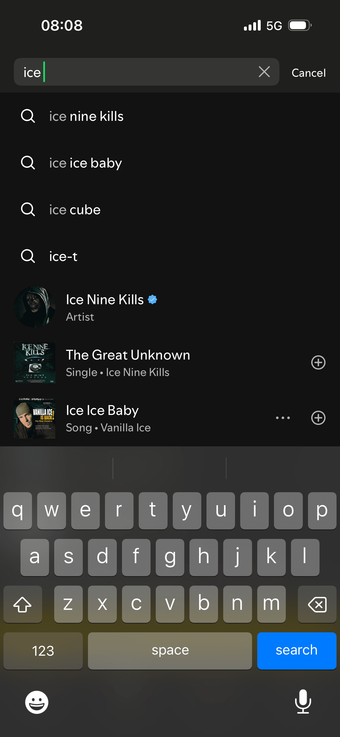 Spotify: Search active (suggested searches)