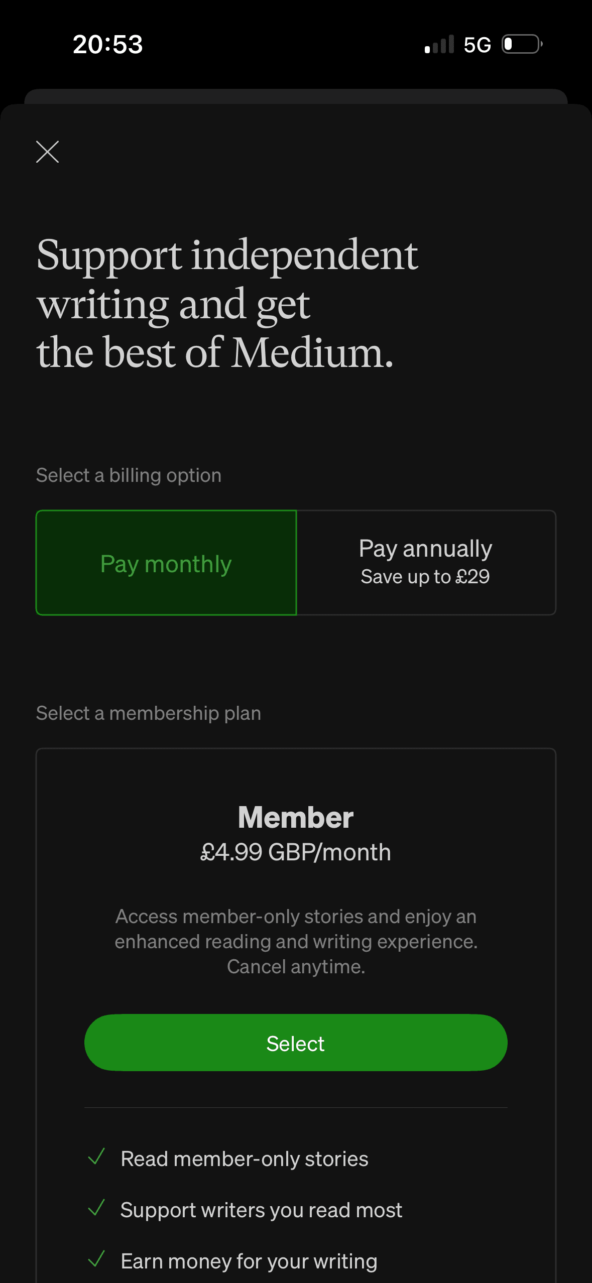 Medium: Post account creation – upsell (top view)