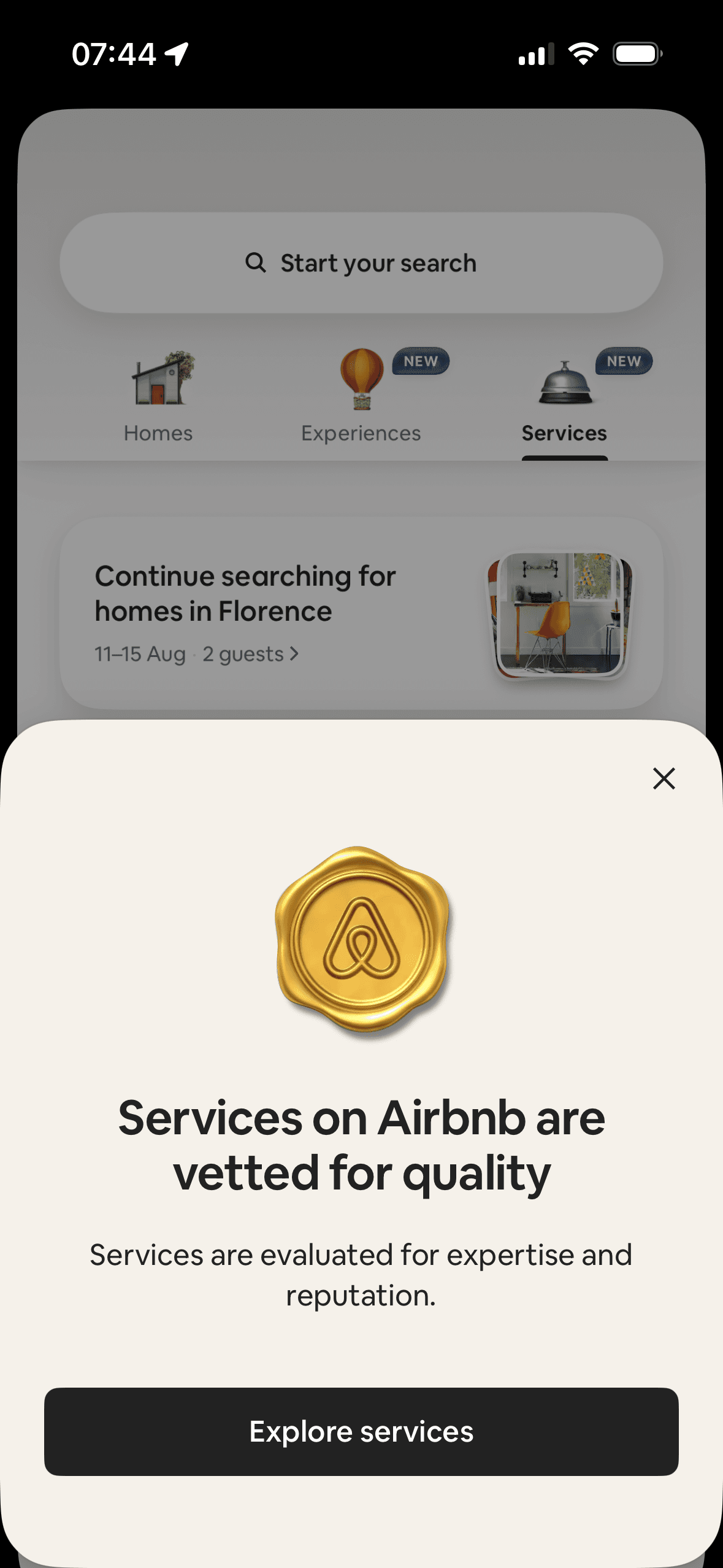 Airbnb: Services intro modal
