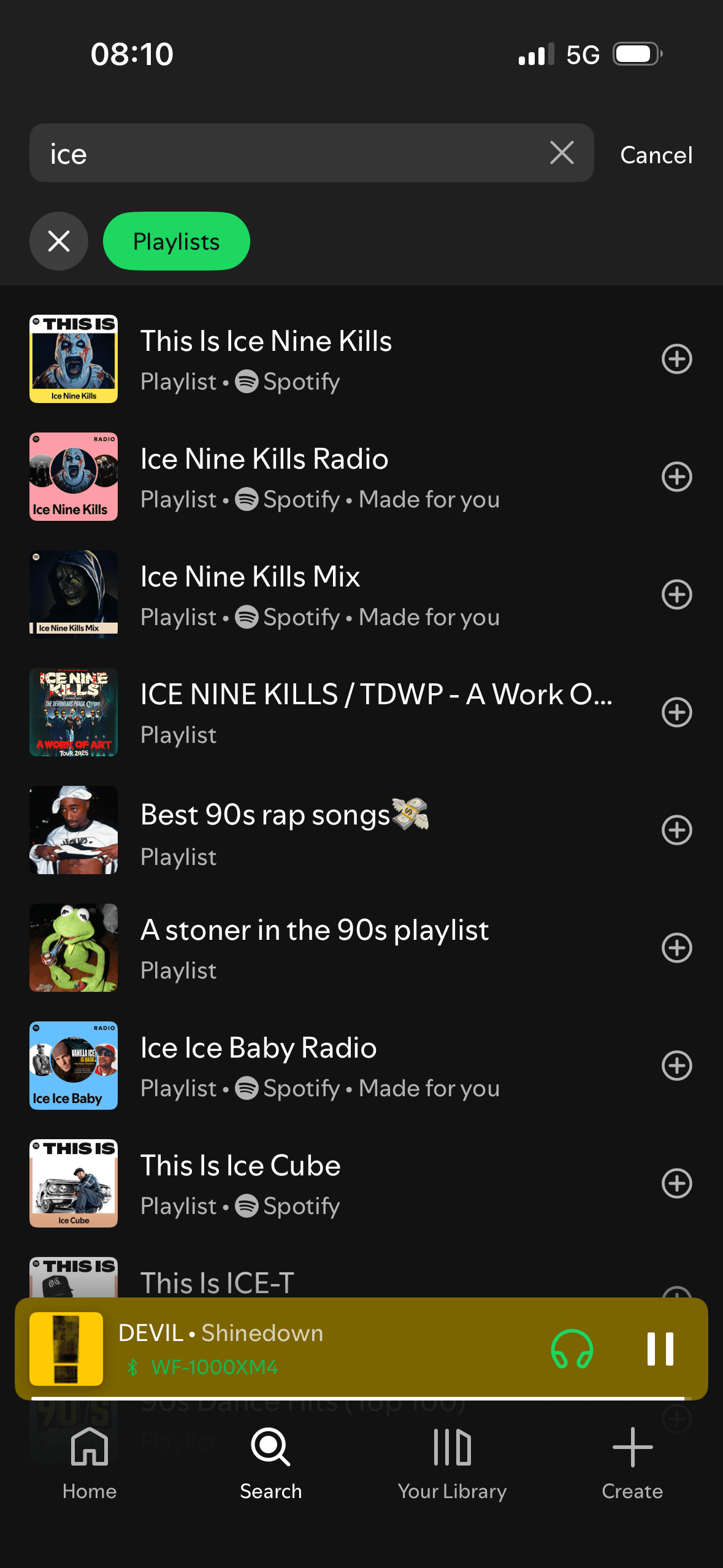 Spotify: Search results (filter: playlists)