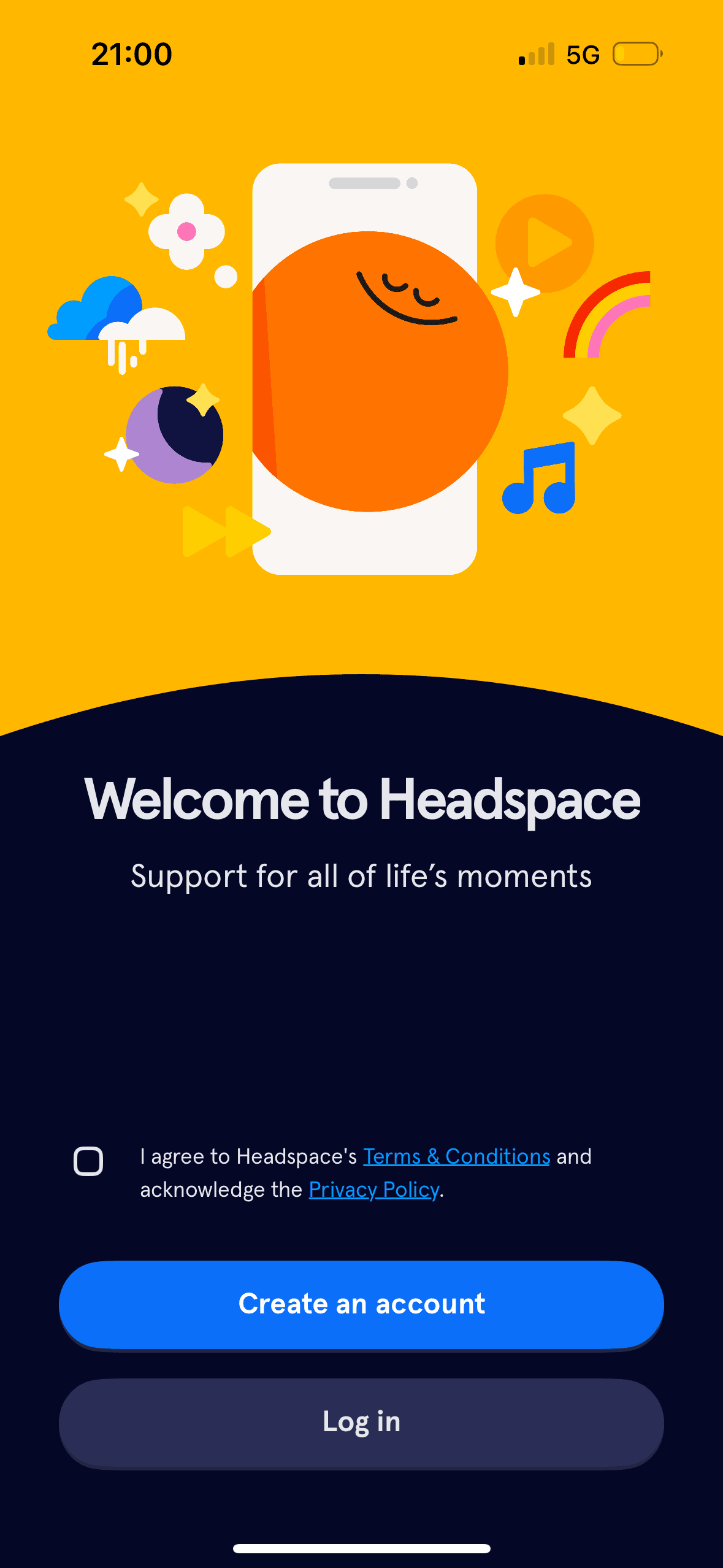 Headspace: Welcome, terms and account choice