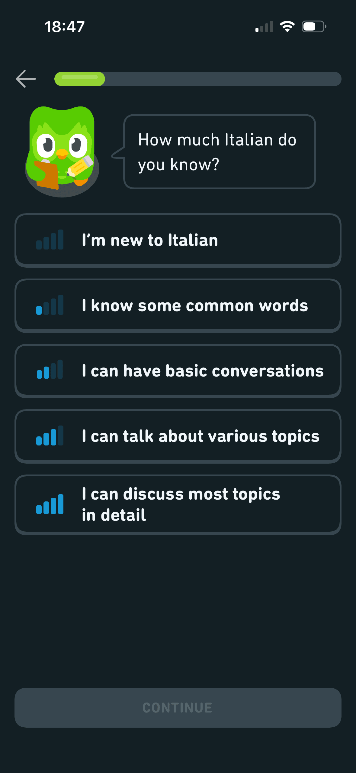 Duolingo: Choose current Italian experience