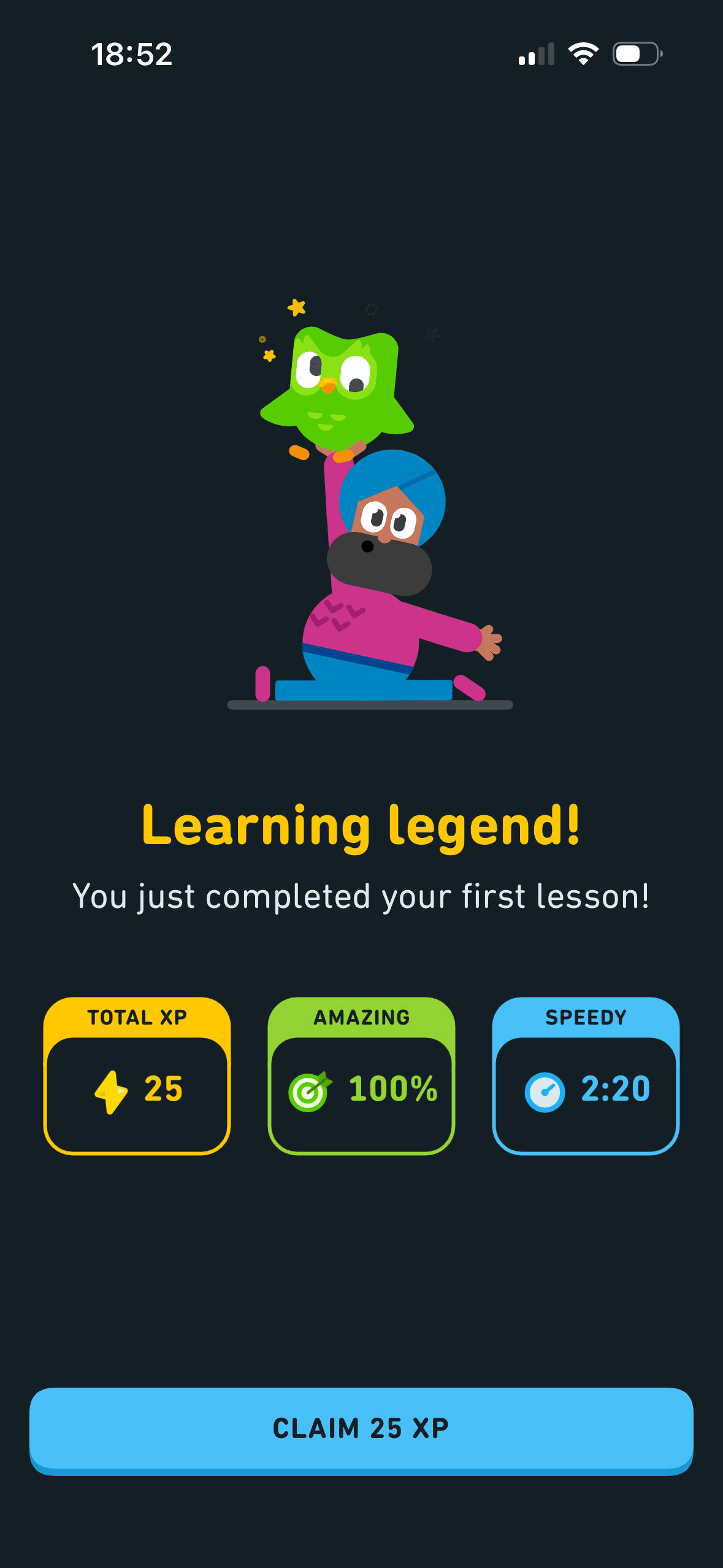 Duolingo: First-lesson results: XP, accuracy and time