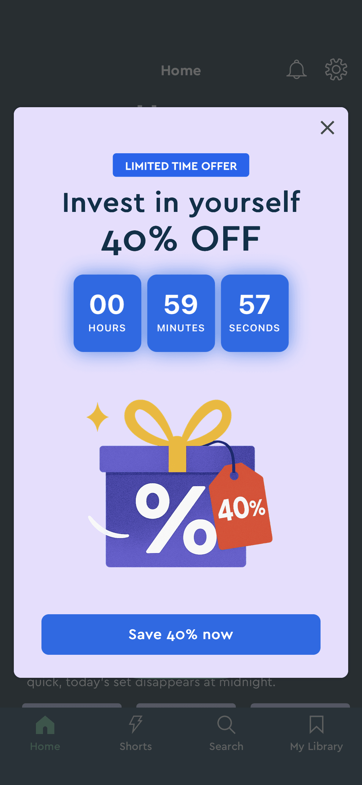 Blinkist: One-hour 40%-off overlay