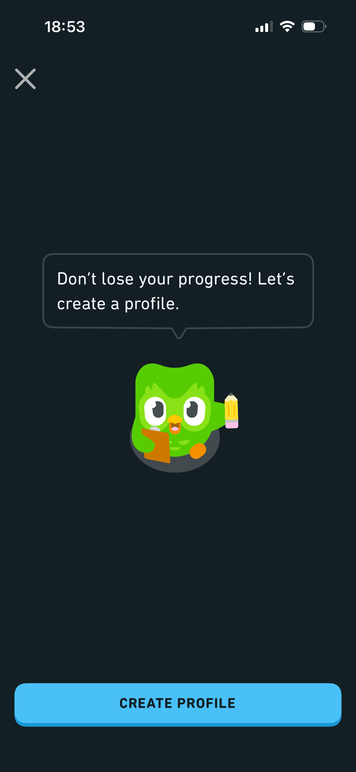 Duolingo: Profile creation after the lesson