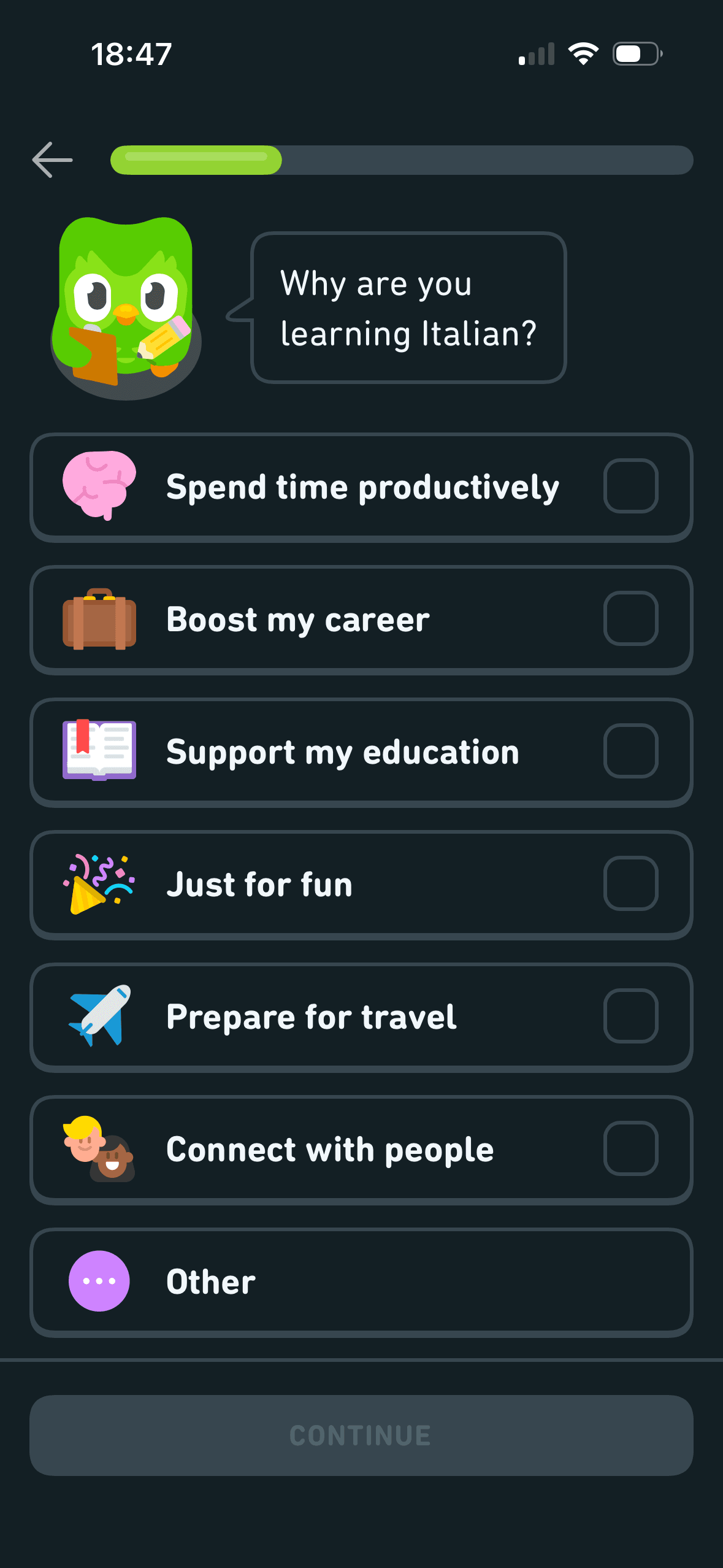 Duolingo: Choose reasons for learning