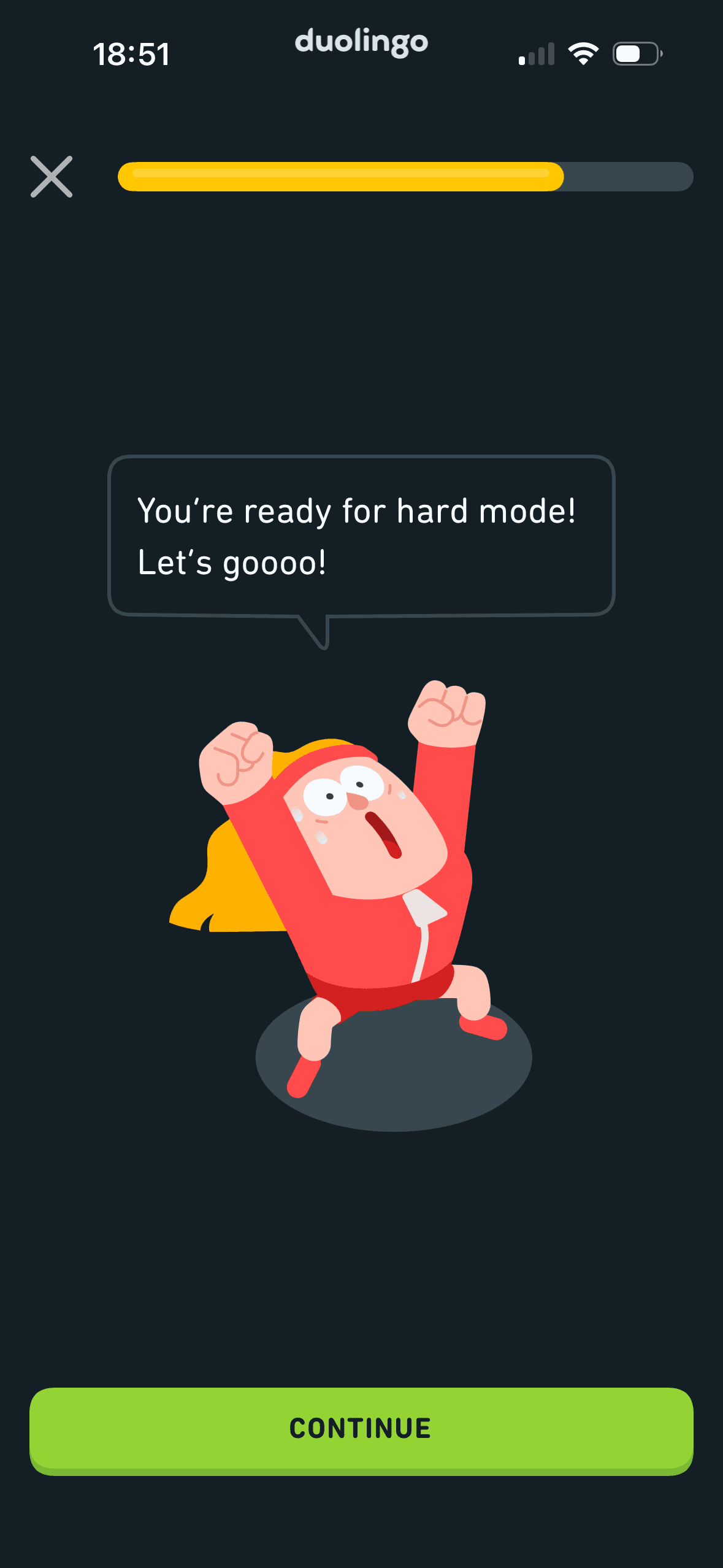 Duolingo: Notice before a harder exercise